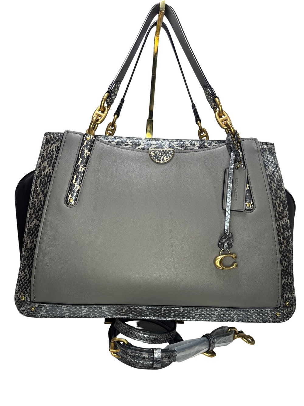 Coach Gray Leather Satchel with Snake-Print Accents and Gold Hardware